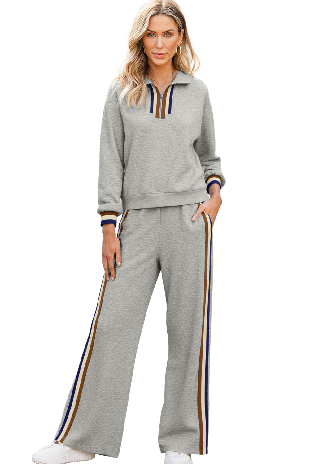 Gray Striped Patchwork Quarter Zip Pullover Loose Pants Set Two Piece Pants Sets deb970da5afb55da