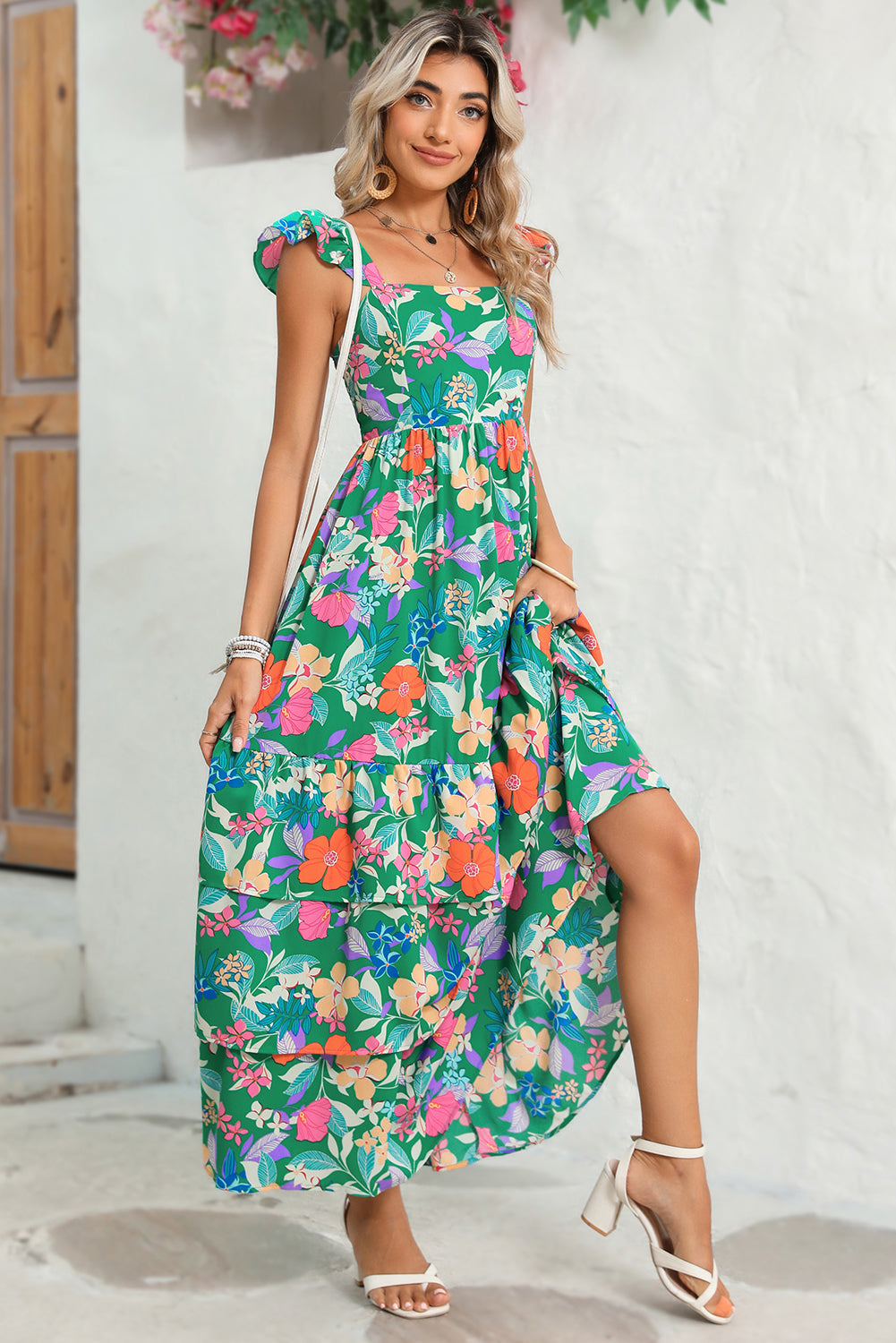 Green Boho Floral Print Ruffle Sleeveless Tiered Maxi Dress Maxi Dresses ded8e4b328e5dfb3