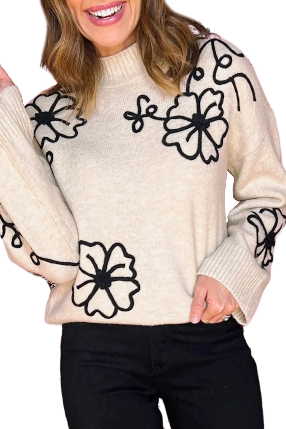 Beige 60s Flower Mock Neck Knit Sweater Sweaters deed55f655905f58