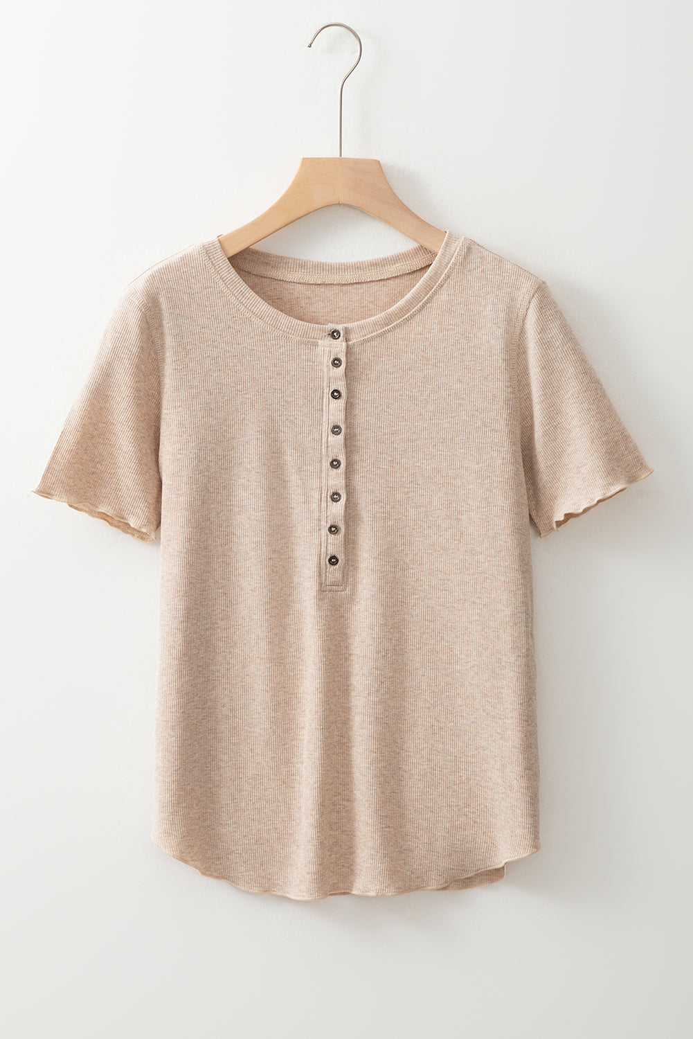 Oatmeal Short Sleeve Half Button Ribbed Top T Shirts df100f4c790e7c51