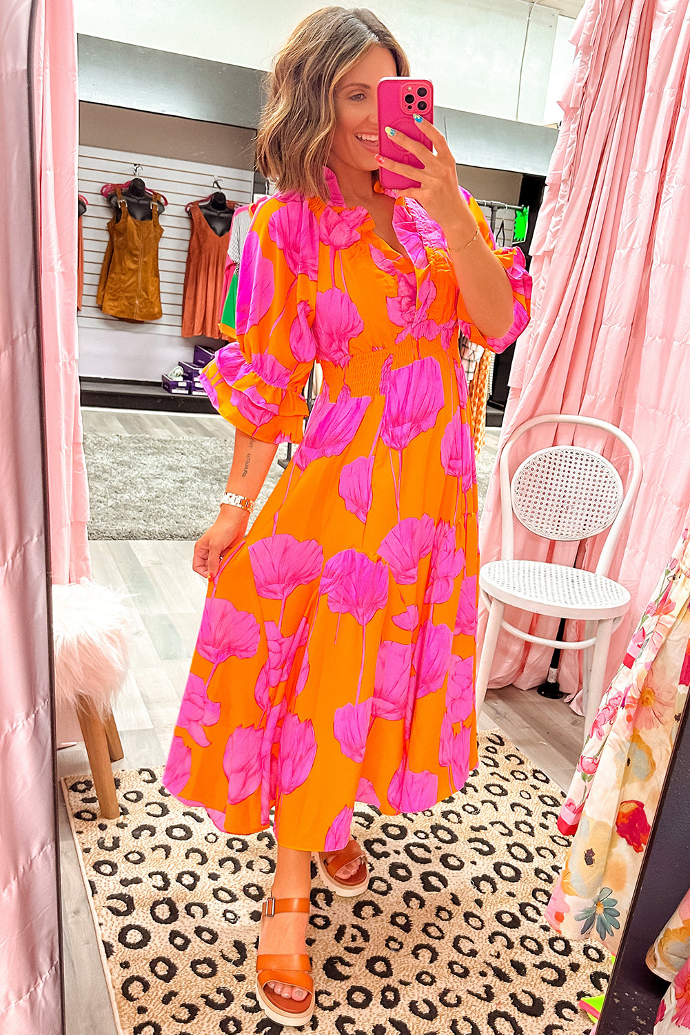 Orange Floral Print Frill Smocked V Neck 3/4 Sleeve Maxi Dress Maxi Dresses df10bb4f9da0f6fe