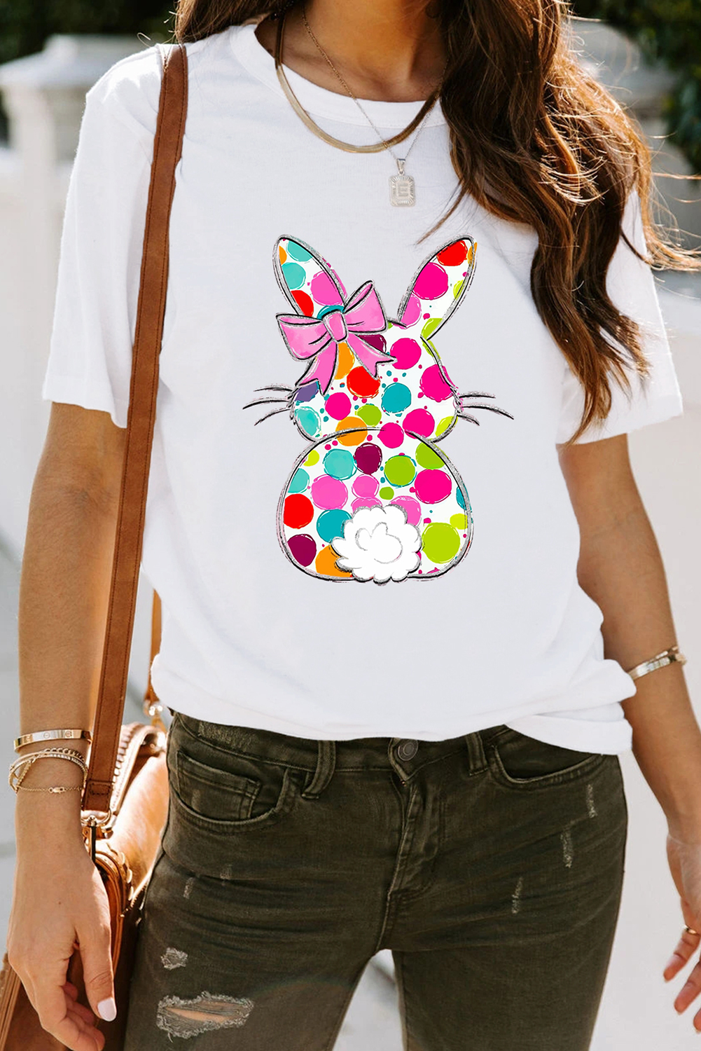 White Polka Dot Bow Rabbit Heat Transfer Printing Graphic Crewneck Easter Tee Graphic Tees df474a75d3283a35