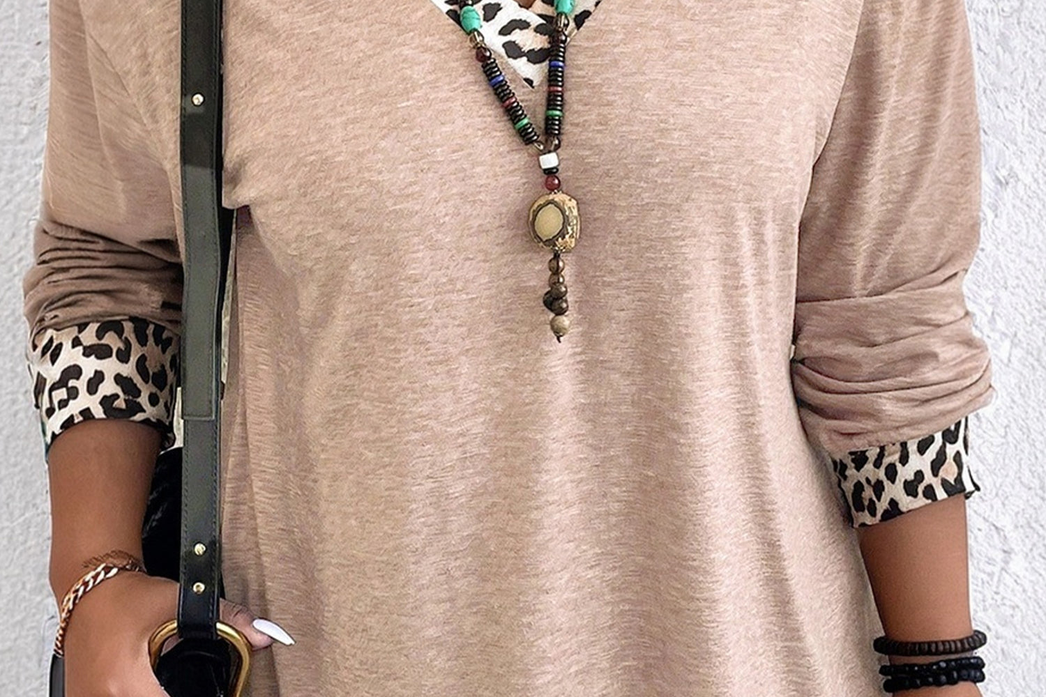 Parchment Leopard Patchwork V Neck Long Sleeve Plus Size Top Plus Size Long Sleeve Tops df57f2ed90bac453