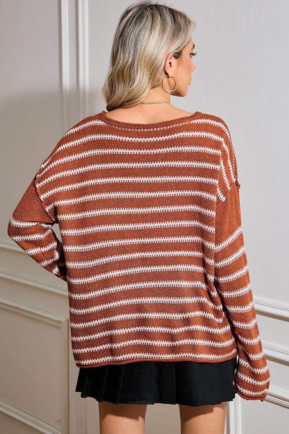 Green Stripe Casual Stripe Round Neck Drop Shoulder Sweater Sweaters df67f409807c2f49