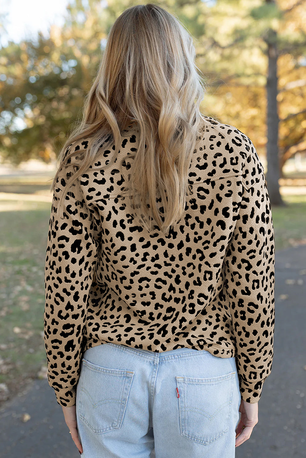 Parchment Allover Leopard Contrast Trim V Neck Top Long Sleeve Tops df9bd9d5edfb4265