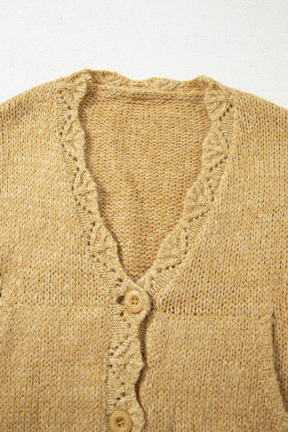 Light French Beige Lantern Sleeve Scallop V Neck Buttoned Front Cardigan Cardigans dfc4b9ef4a96fadf
