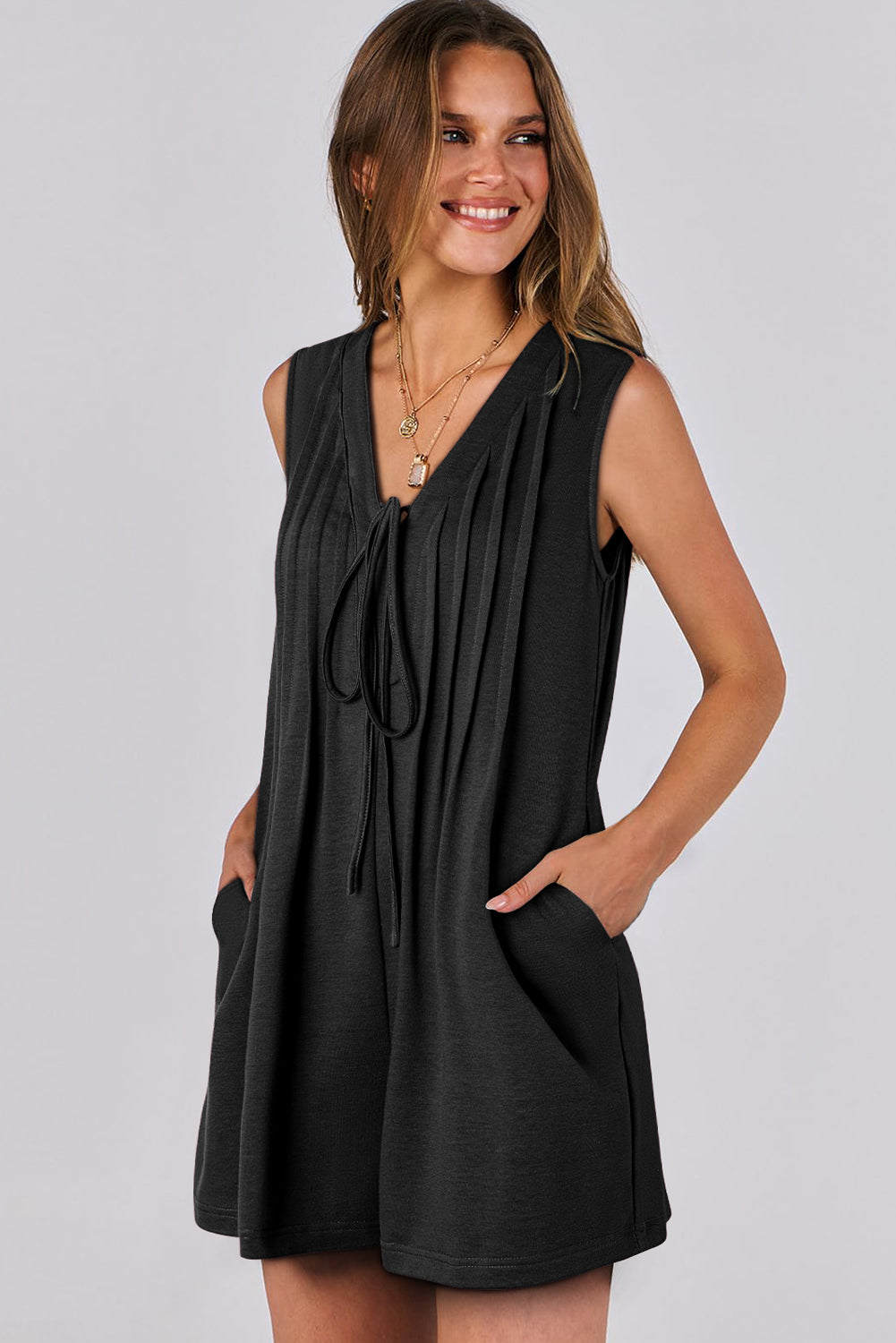 Black Tie V Neck Pleated Sleeveless Loose Romper Rompers dfc5c6f591afd297