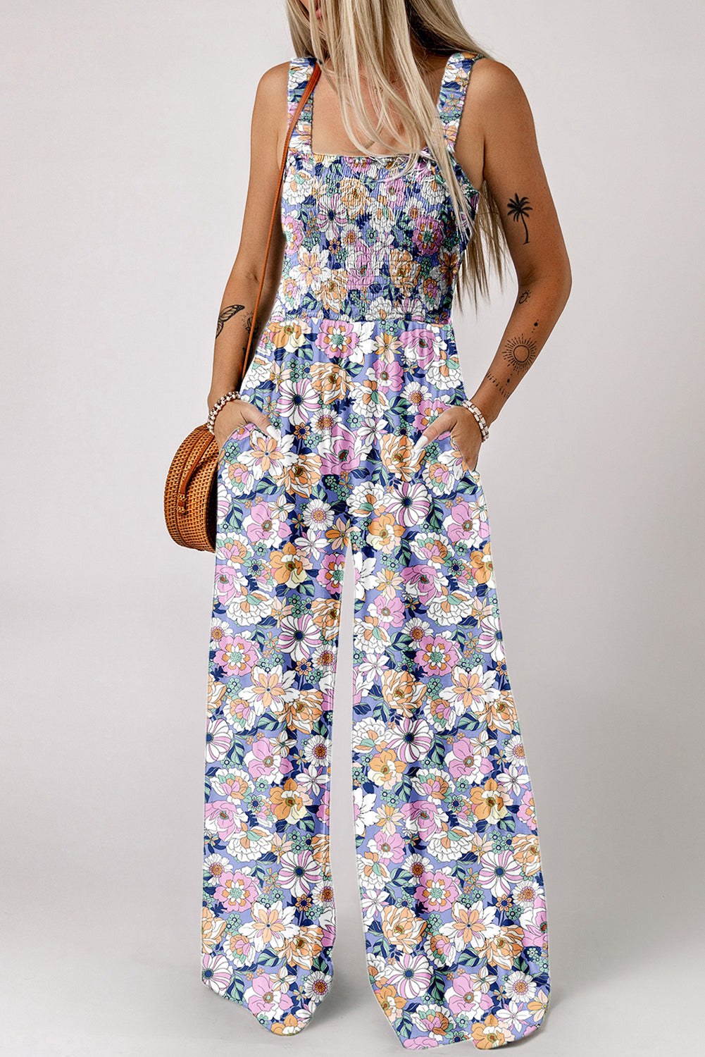 Green Floral Square Neckline Stretch High Waist Jumpsuit Jumpsuits dfc6c985ff5f395d