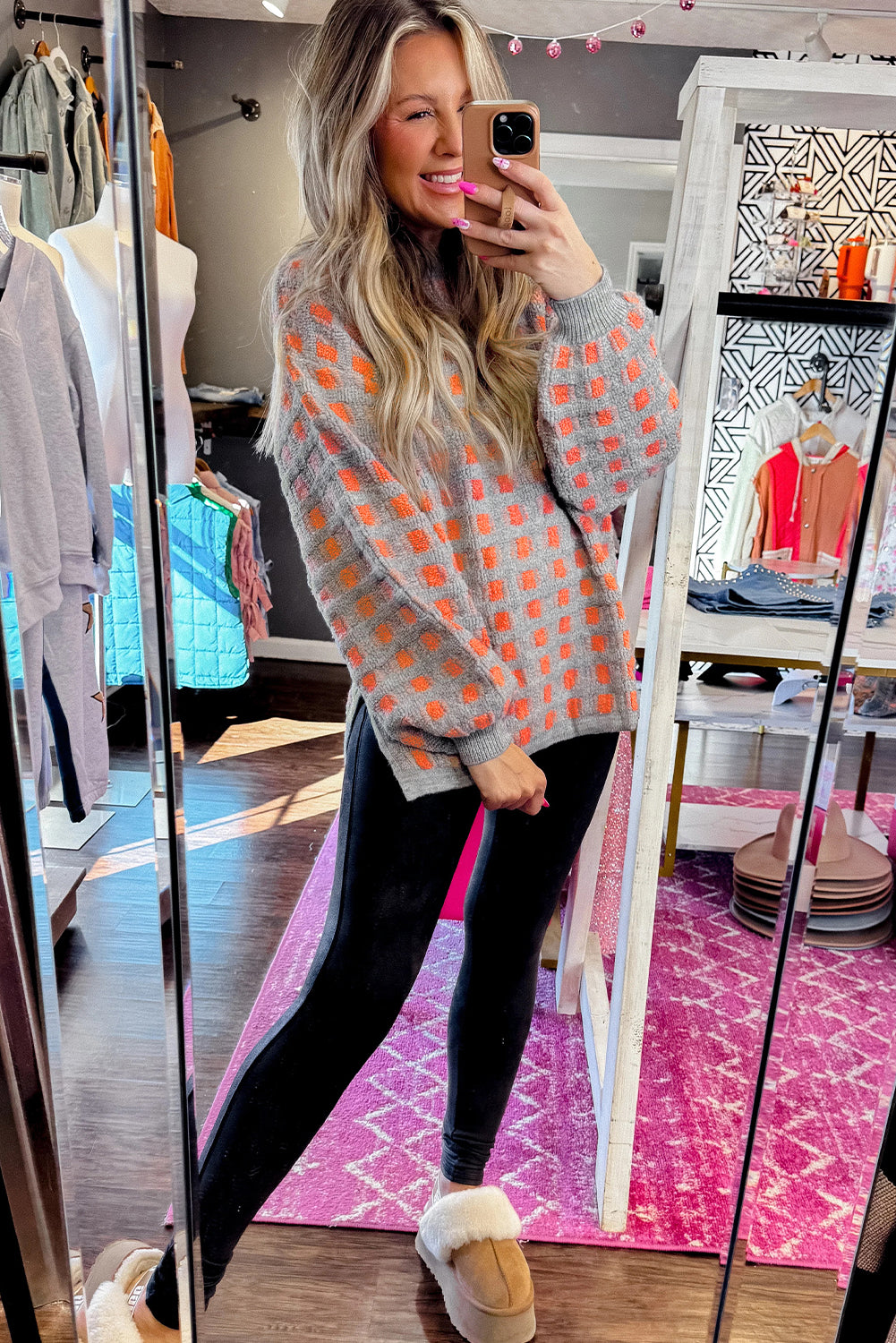 Pink Checkered Oversized Side Slit Sweater Sweaters dfcff4f899cd6b4f