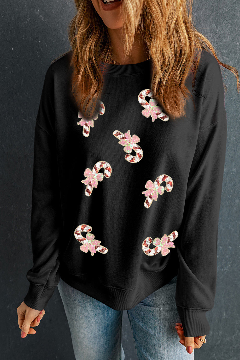 Black Christmas Candy Cane Sequins Patch Baggy Sweatshirt Graphic Sweatshirts e016bed0afd4ee05