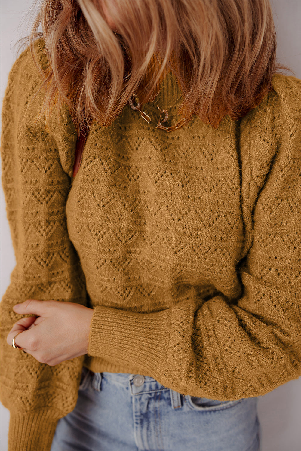 Jurassic Gold Hollow Out Crochet Ribbed Edge Balloon Sleeve Sweater Sweaters e03dfb5f92402316