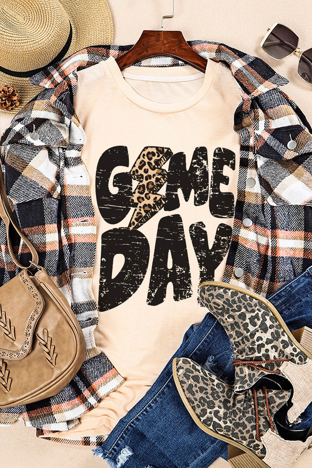 Khaki Game Day Football Season Casual Graphic T Shirt Graphic Tees e054108cddecaef2
