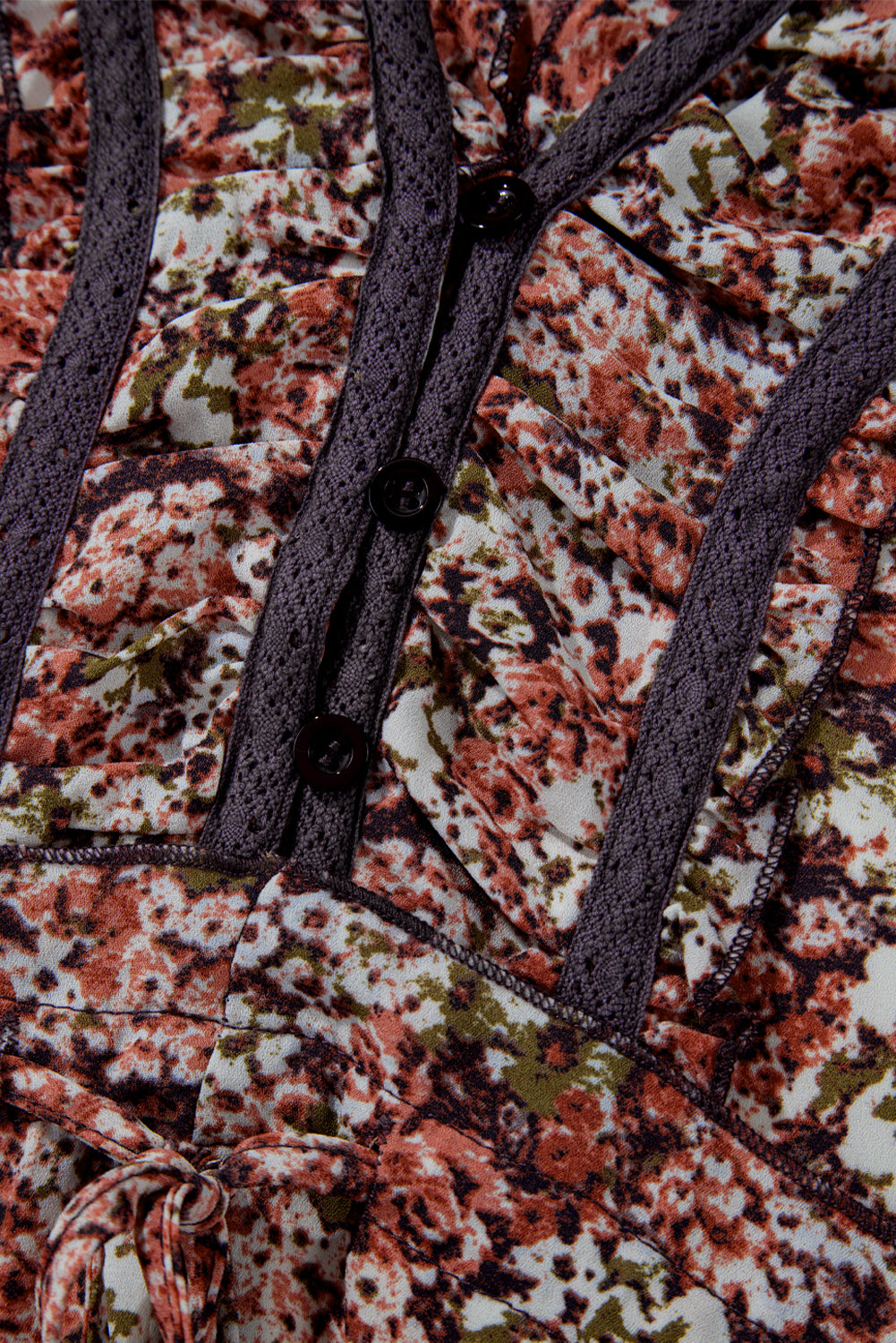 Brown Floral Print Frill V Neck Split Midi Dress Midi Dresses e07e1490f462b740