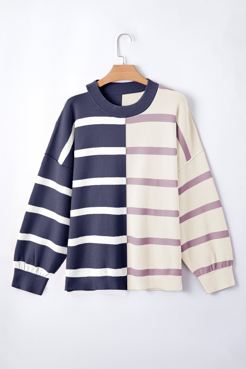 Blue Stripe Exposed Seam Patchwork Loose Sweater Sweaters e09abb872cabb169