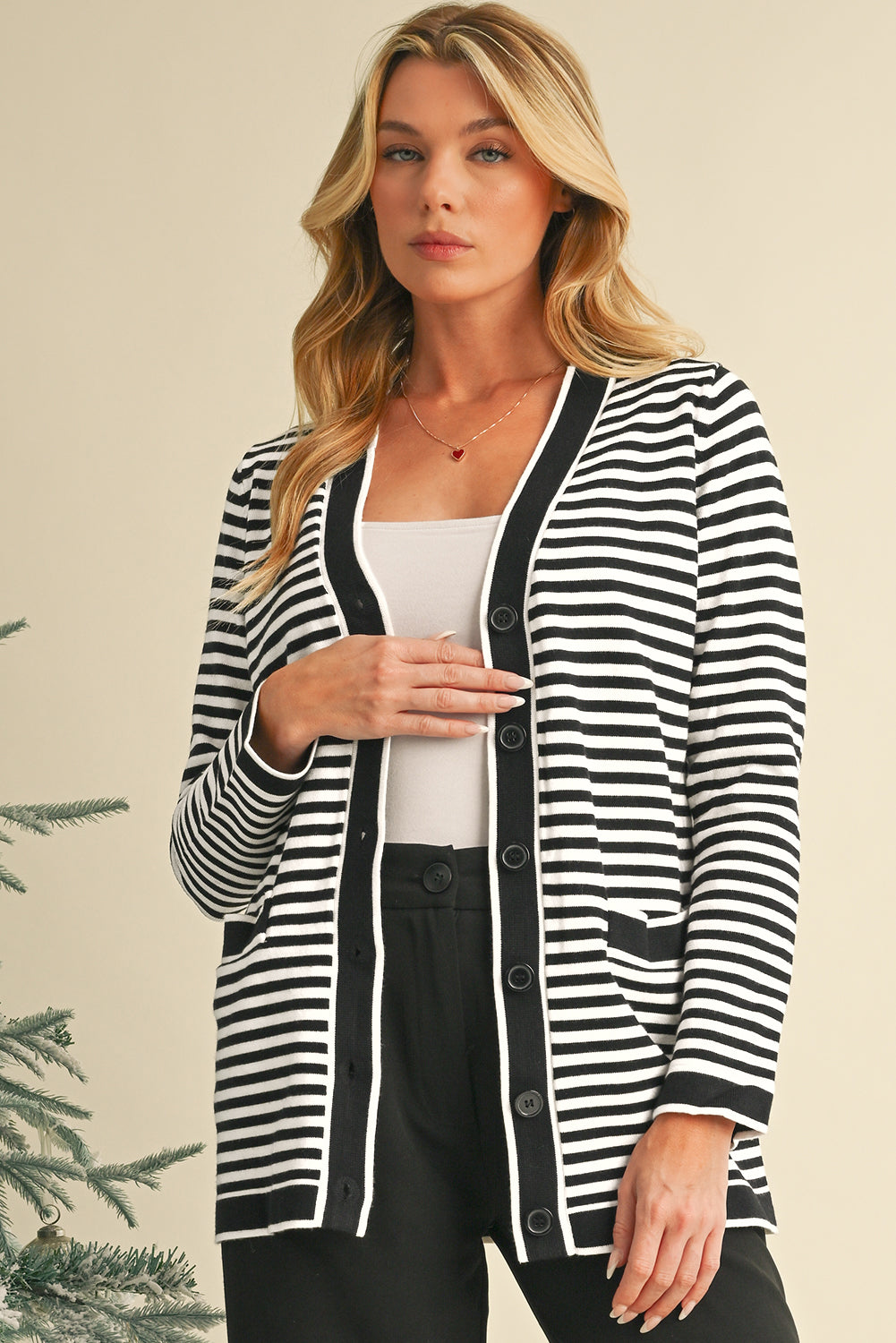 Black Striped Pocketed Button Long Cardigan Cardigans e0ab1430a03573d3