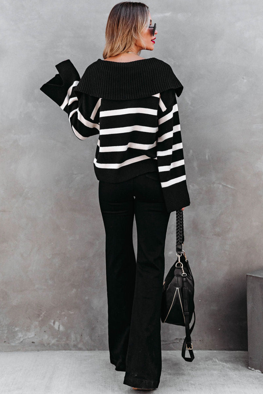 Black Caped V Neck Slit Sleeve Striped Sweater Sweaters e0b59dc29095cd6d