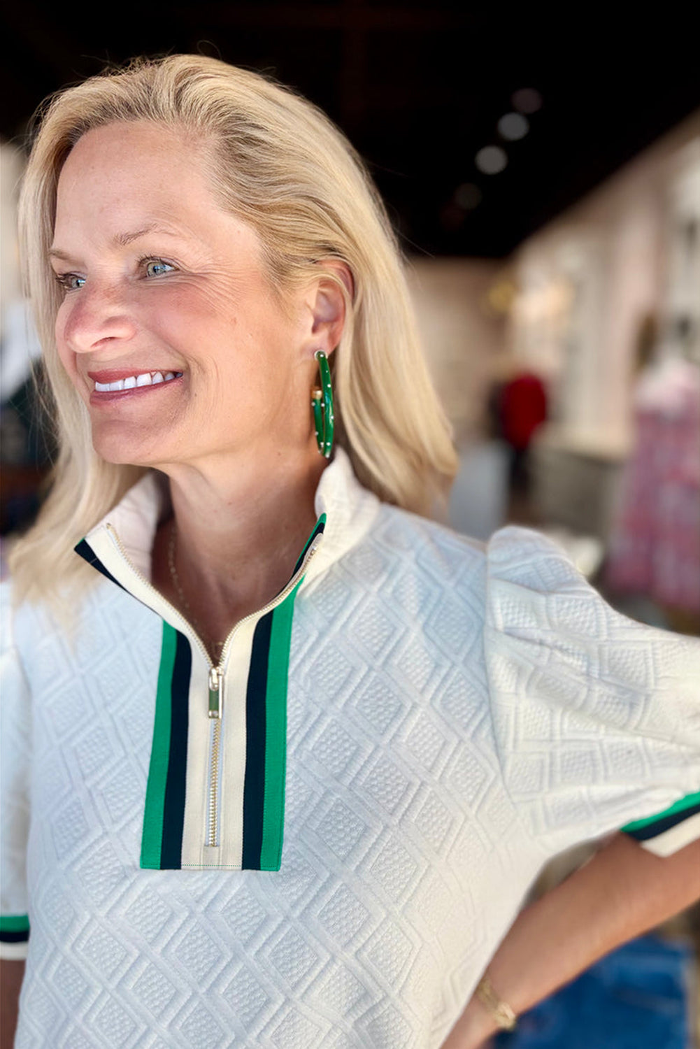 White Pop of Color Neckline Plaid Textured Puff Sleeve Mini Dress Short Dresses e0def8b641751550