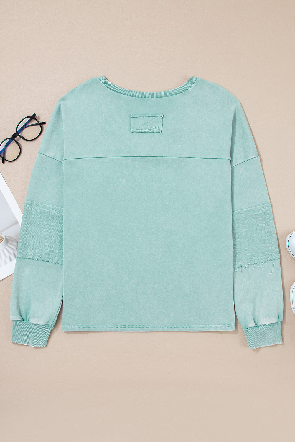 Mist Blue Mineral Wash Exposed Seam Buttoned V Neck Pullover Top Long Sleeve Tops e0f97f955754a792