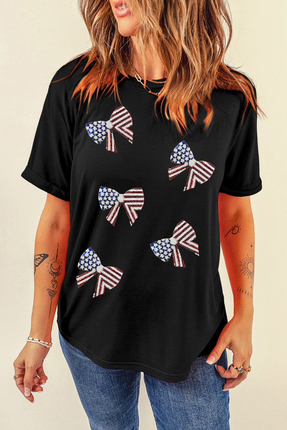Black Sequined Flag Bowknot Graphic Roll Up Sleeve T Shirt Graphic Tees e0ff0ca0bbb0318a