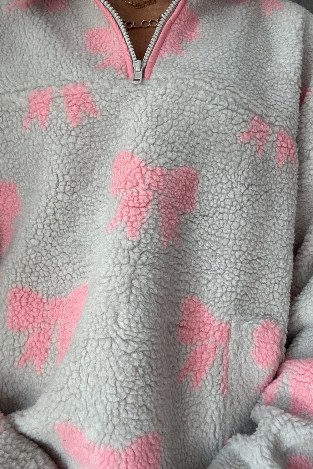 Gray Quarter Zip Bow Pattern Sherpa Baggy Sweatshirt Sweatshirts & Hoodies e12af1b6bf2744ce