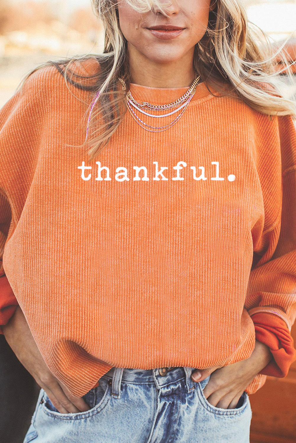 Orange thankful Letter Heat Transfer Printing Ribbed Crew Neck Thanksgiving Sweatshirt Graphic Sweatshirts e18a053b3ada50ae