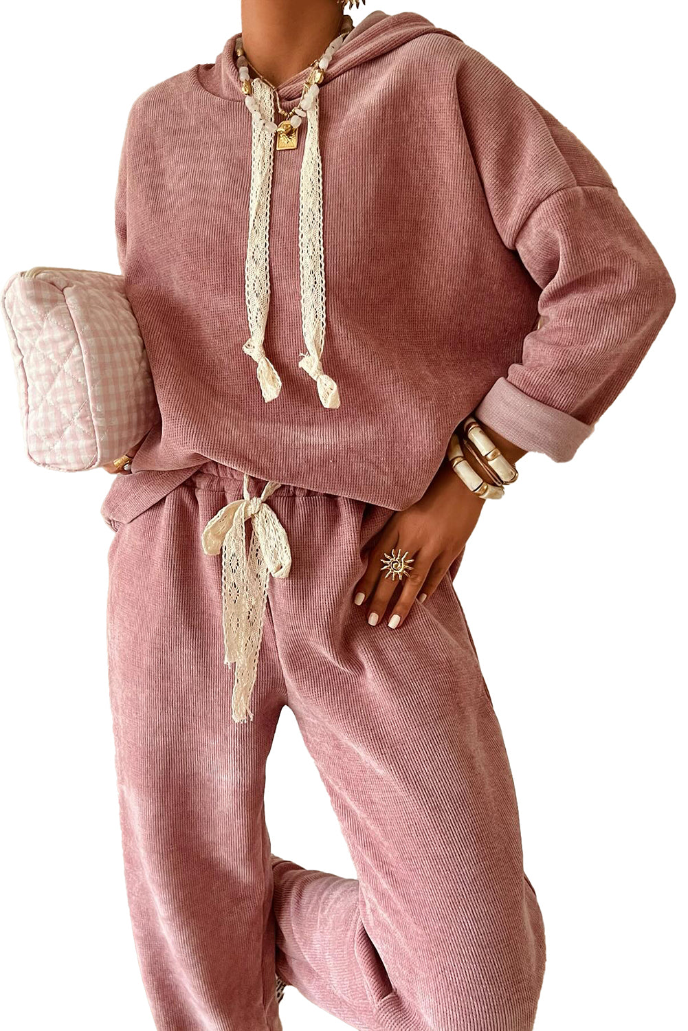 Rose Tan Drawstring Pullover Hoodie and High Waist Pants Corduroy Suit Two Piece Pants Sets e20c432a108ef2e4