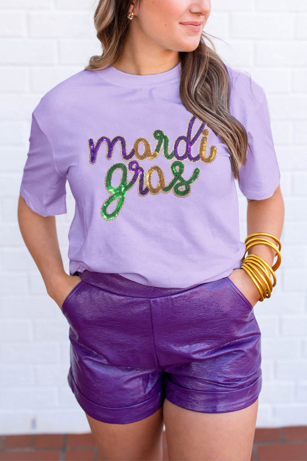 Wisteria Sequin mardi gras Letter Print Crewneck Tee Graphic Tees e21cbf52a1057d18