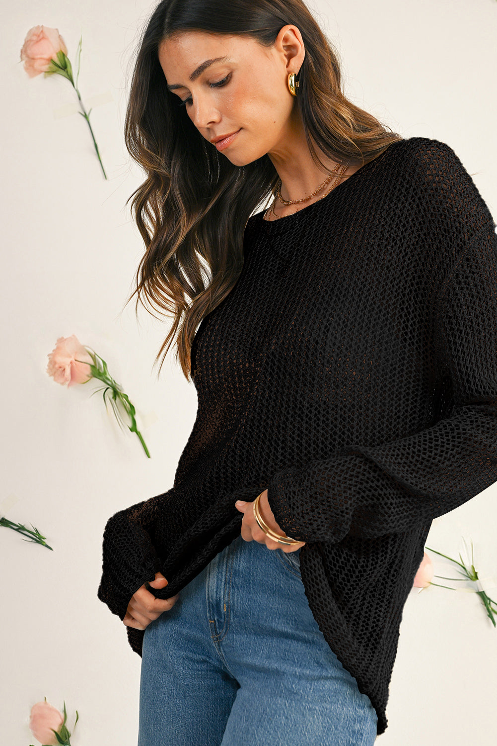 Black Crochet Hollow-out Knit Sweater Sweaters e265837d6b994df2