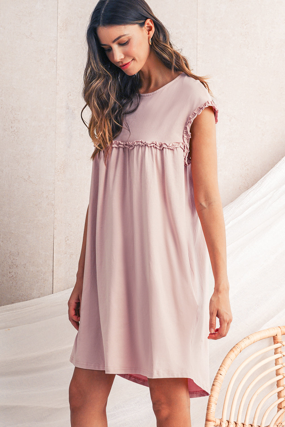 Mint Green Frilled Trim Crewneck Loose Fit Mini Dress Short Dresses e2b5b42996ab94d1