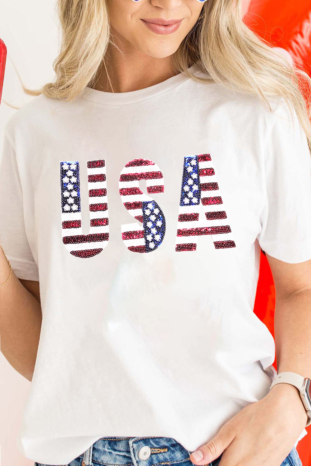 White USA Flag Sequin Graphic Patched Round Neck T Shirt Graphic Tees e2bb646ef09148ea