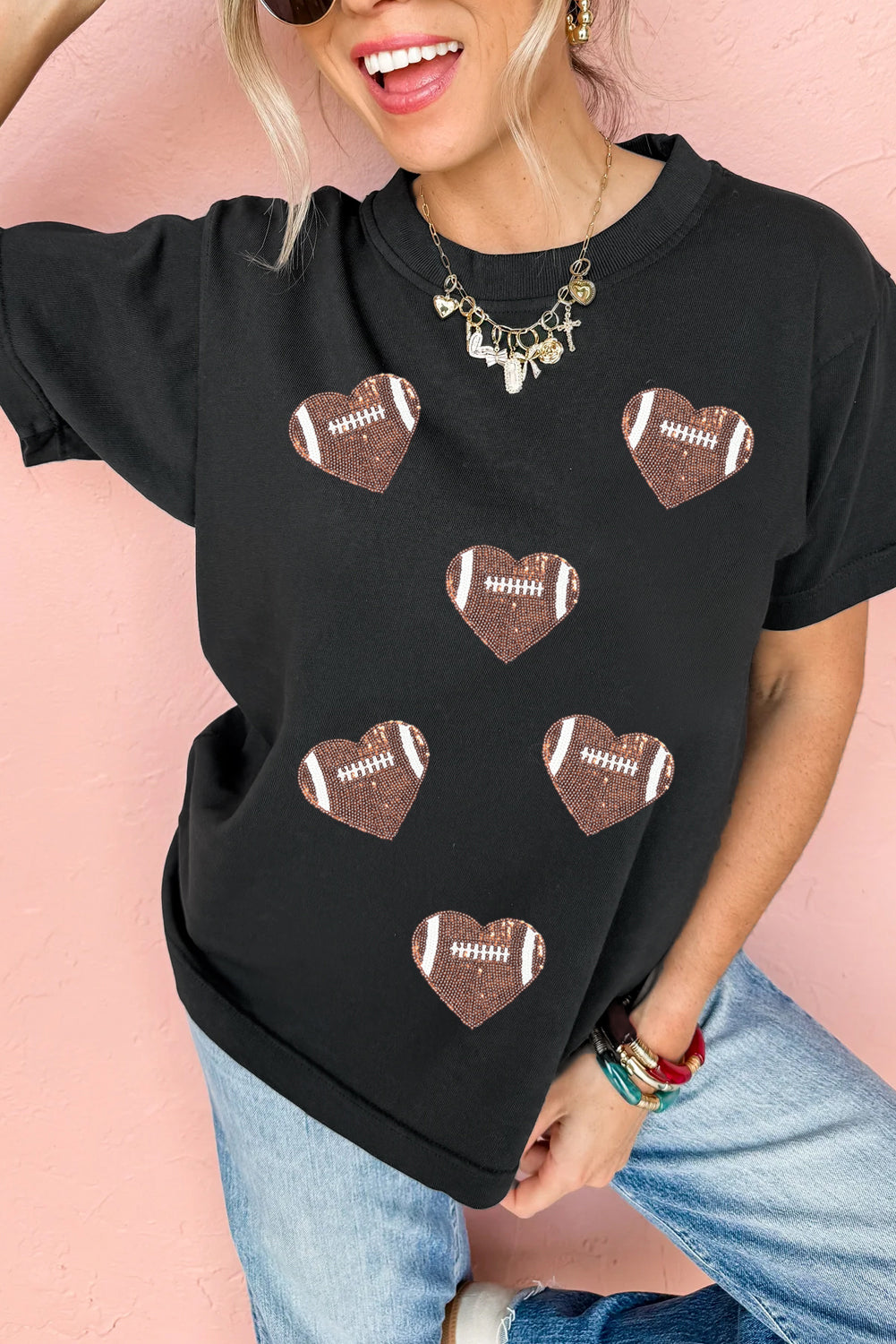 Black Football Sequin Heart Patched Graphic Tee Graphic Tees e30feab38626e1ba