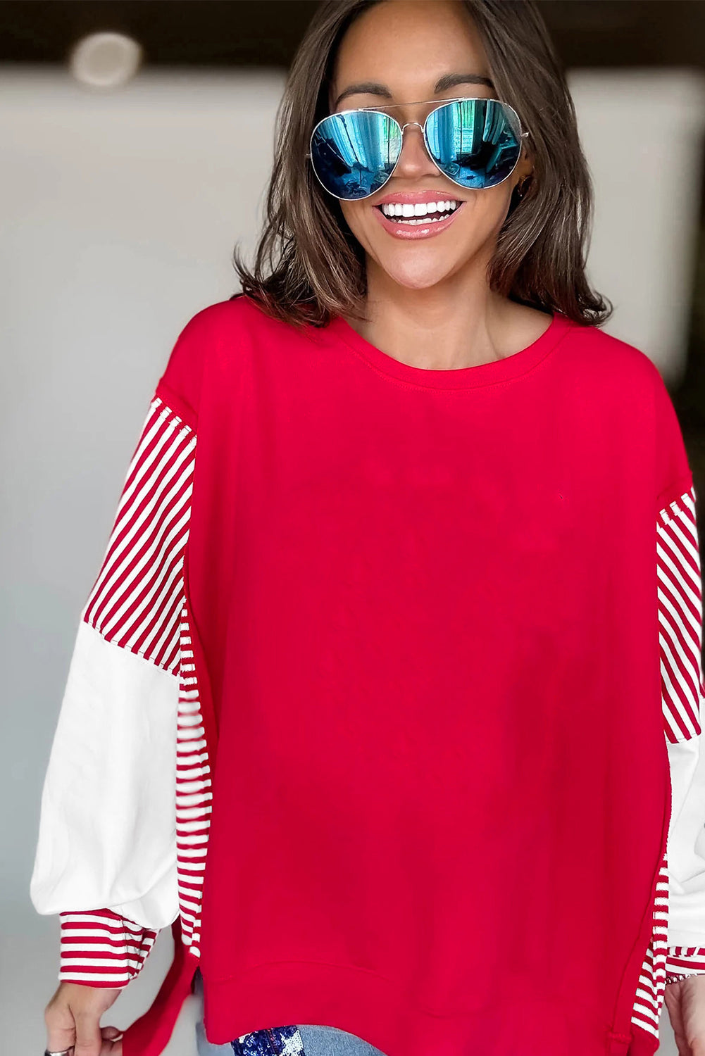 Fiery Red Striped Patchwork Sleeve Colorblock Sweatshirt Sweatshirts & Hoodies e321d8574e36d4e6