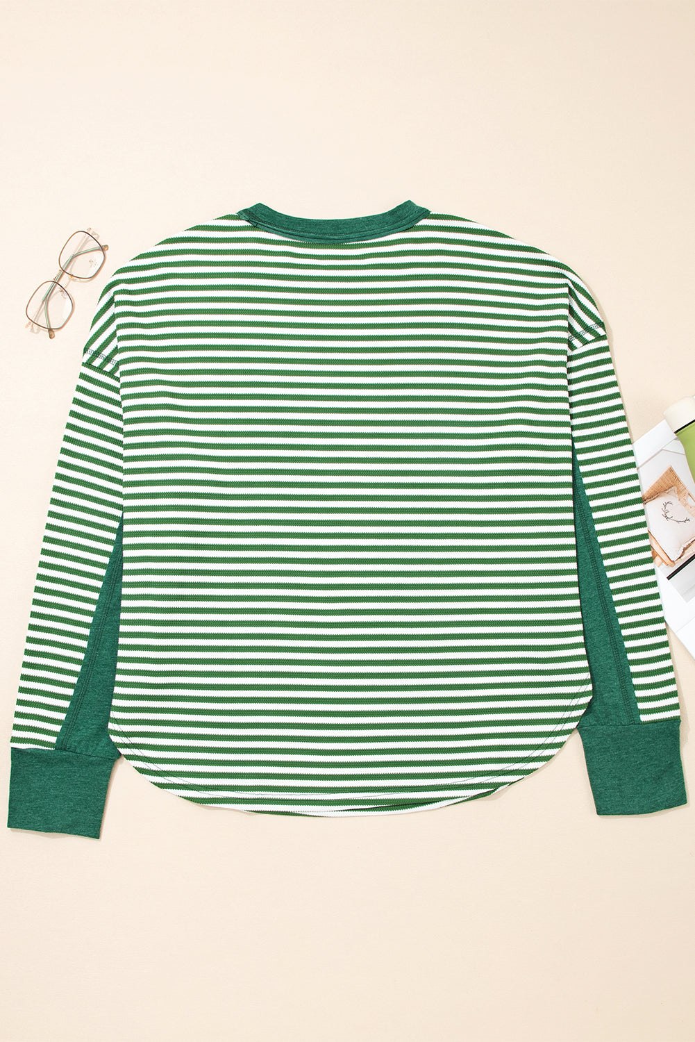 Green Stripe Exposed Seam Patchwork Plus Size Thermal Waffle Top Plus Size Tops e34e671f5c5a01f4