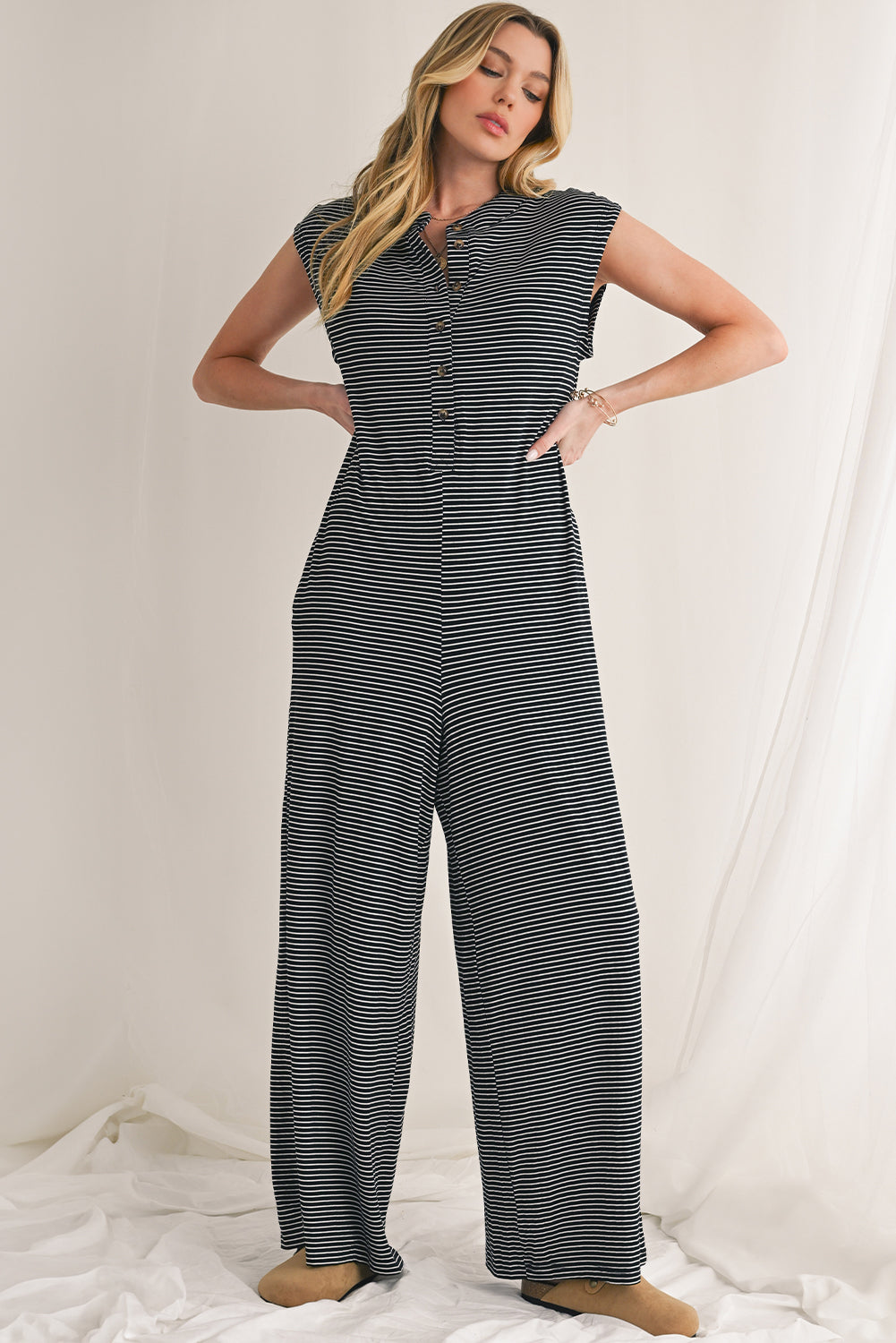 Black White Striped Button Sleeveless Jumpsuit Jumpsuits e3a3bcfc86eb147b
