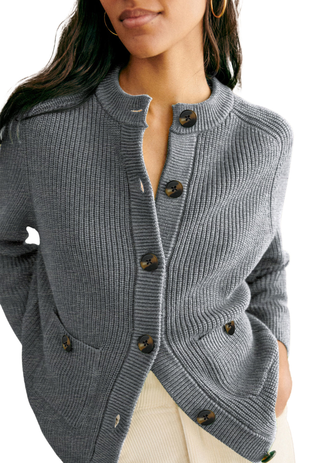 Medium Grey Chunky Buttoned Front Round Neck Cardigan Sweater Cardigans e3b23c6249147c55