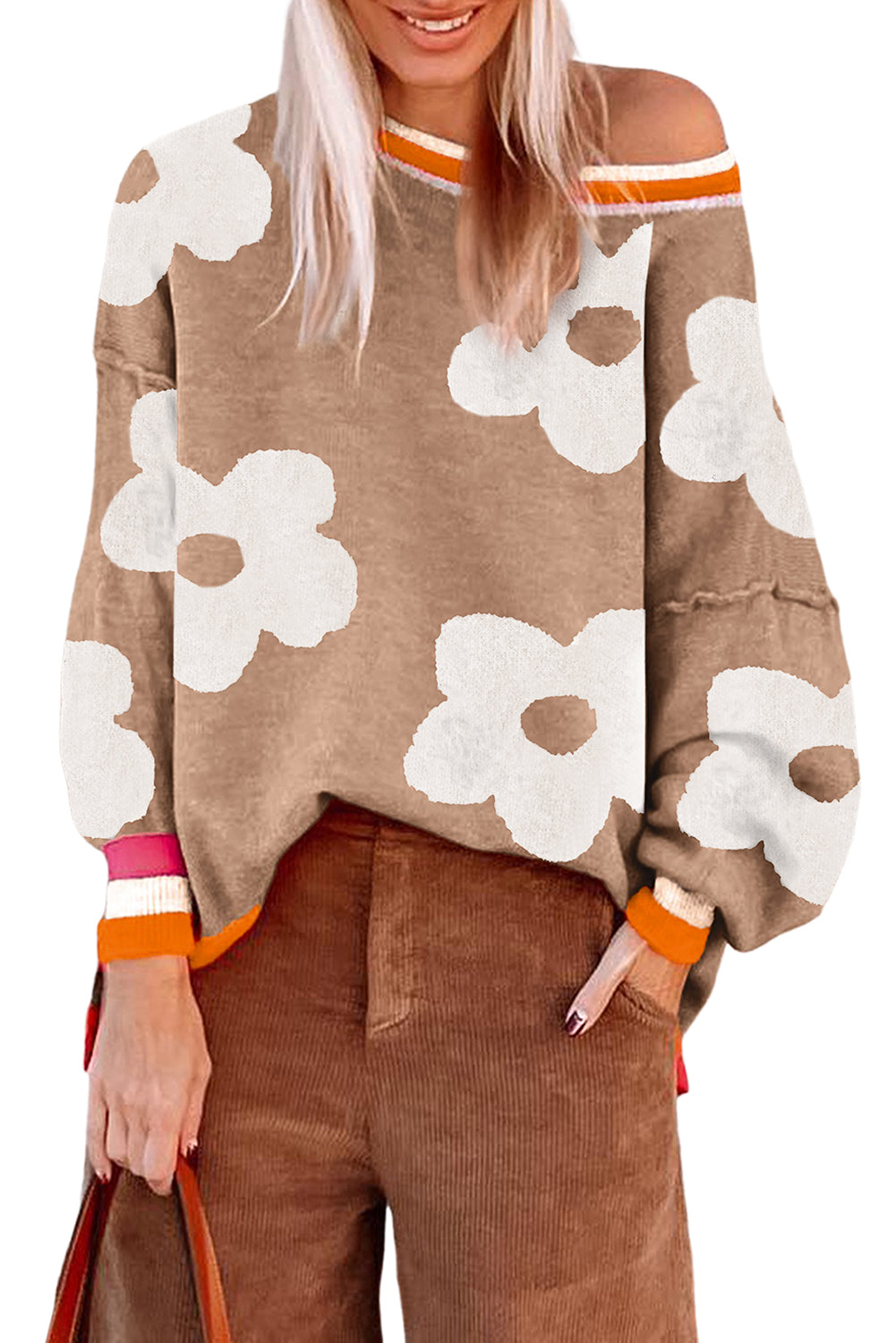 Smoke Gray Big Flower Pattern Contrast Striped Baggy Sweater Sweaters e3c0a2c886c91afc