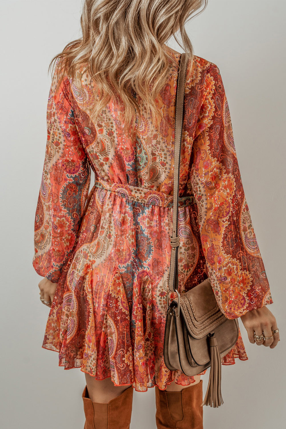 Orange Boho Paisley Print Long Sleeve Pleated Belted Mini Dress Short Dresses e3e4ca615364eab5