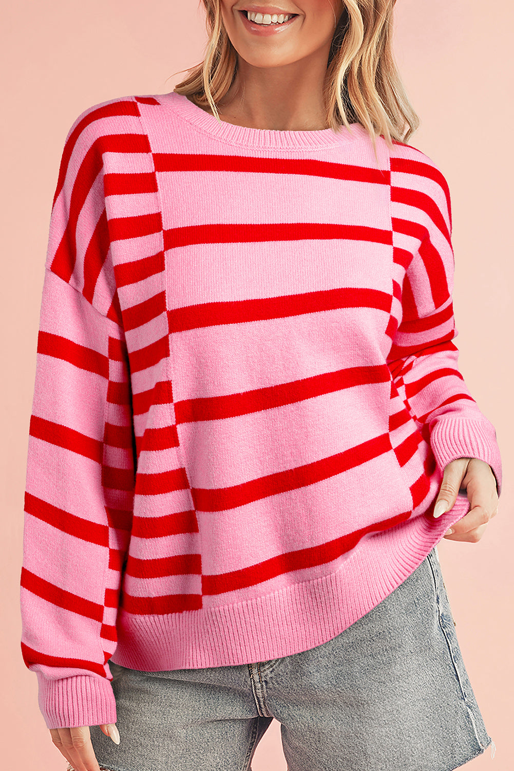 Pink Striped Crewneck Drop Sleeve Knit Sweater Sweaters e3ee1b9fb67729af