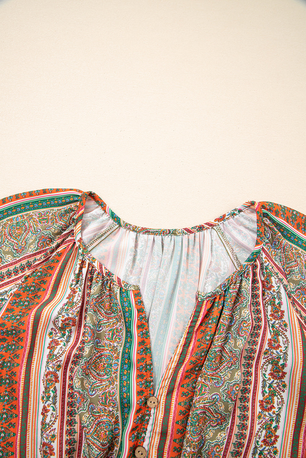 Red Bohemian Floral Print Buttoned V Neck Ruffle Tiered Dress Short Dresses e434ed5ab74890e3