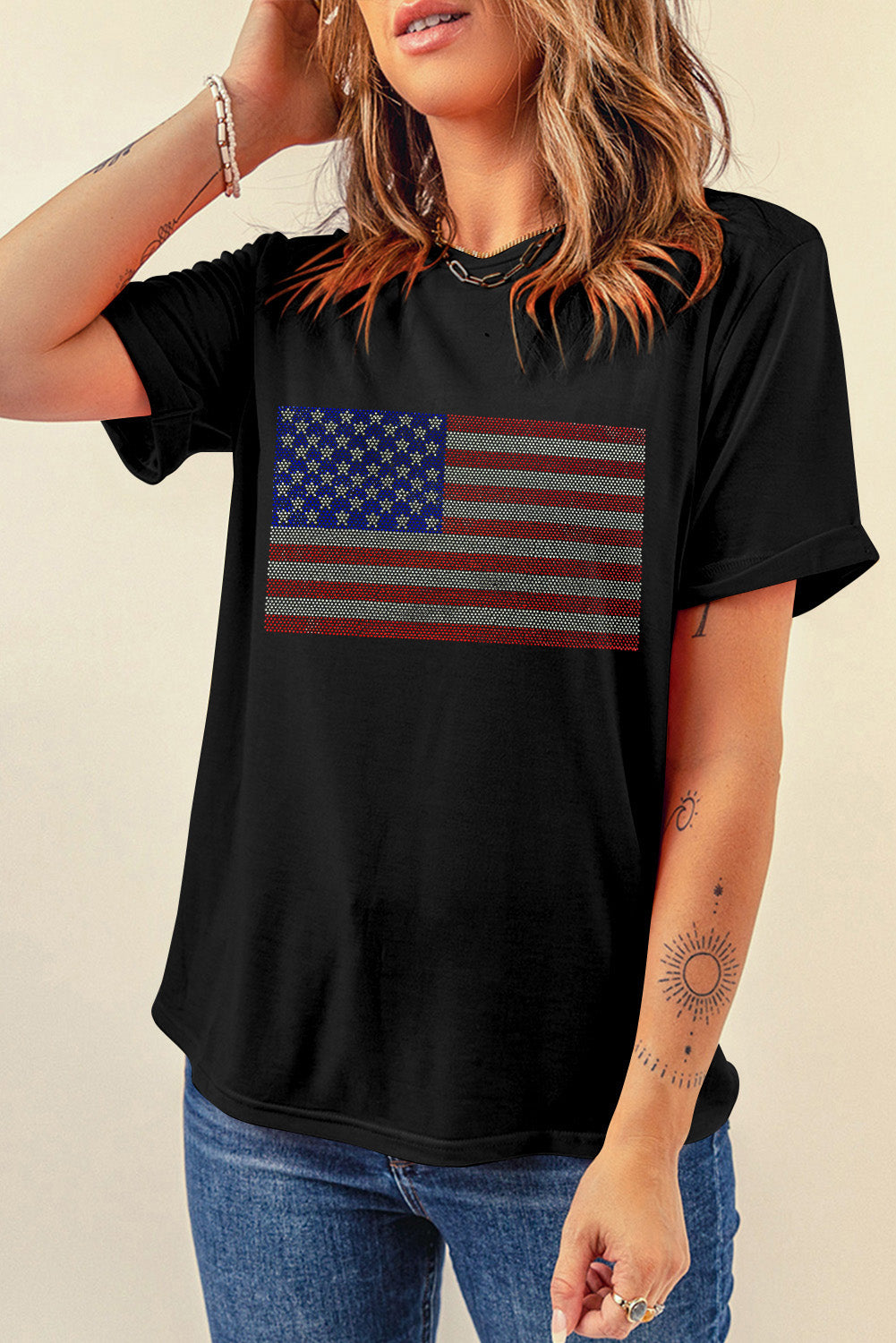 Black Rhinestone American Flag Graphic Round Neck Tee Graphic Tees e44ba52ad635efe7
