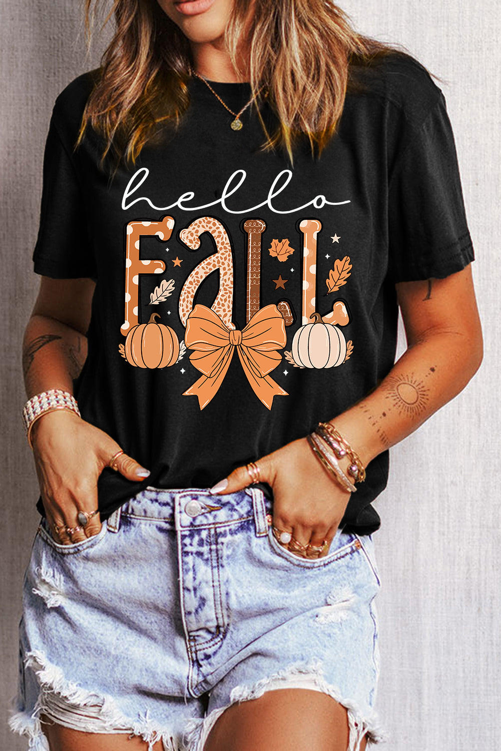 Black Hello Fall Thanksgiving Bow Pumpkin Heat Transfer Printing Graphic Tee Graphic Tees e4640625920d5222