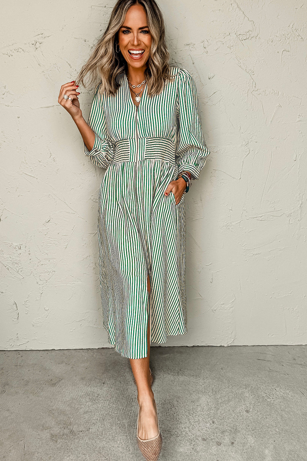 Green Striped V Neck Zip Front Cinched High Waist Midi Dress Midi Dresses e4688ab735dfb554