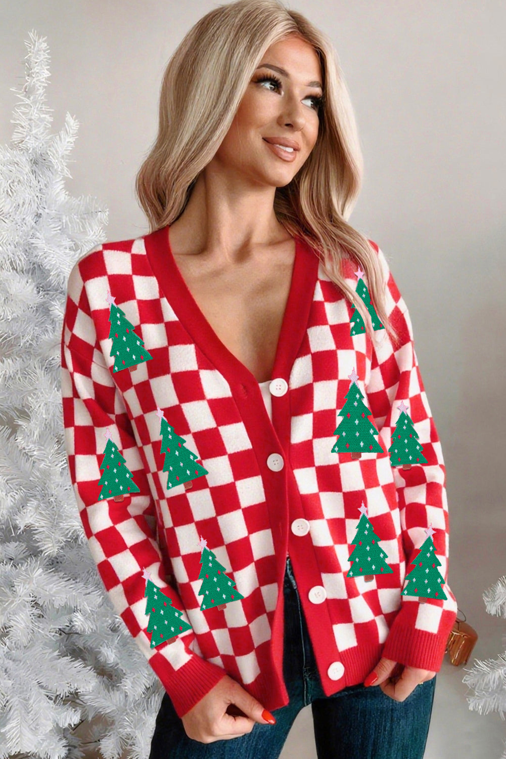 Red Checkered Christmas Tree Pattern Button V Neck Knit Cardigan Cardigans e46f3b3d1935d7e3
