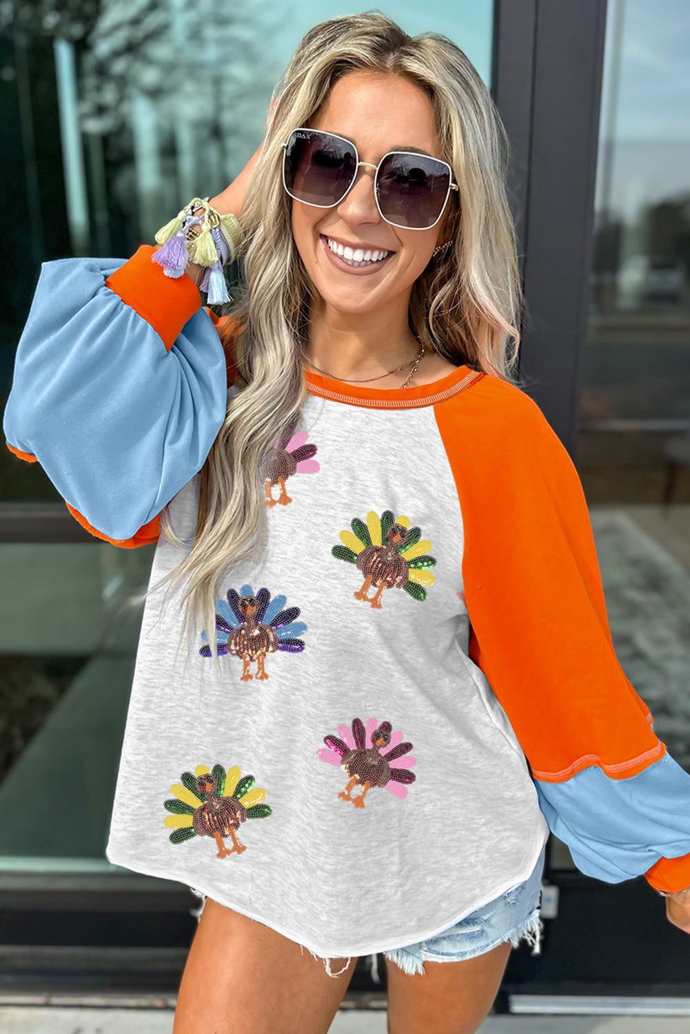 Light Grey Thanksgiving Turkey Graphic Sequins Patch Color Block Raglan Sleeve Top Graphic Apparel e48c852a2423b9ca