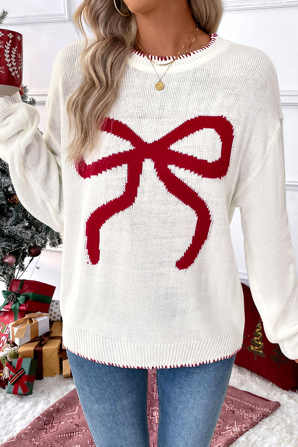 White Sweet Bow Long Sleeve Knit Sweater Sweaters e49fa3302f78ec06