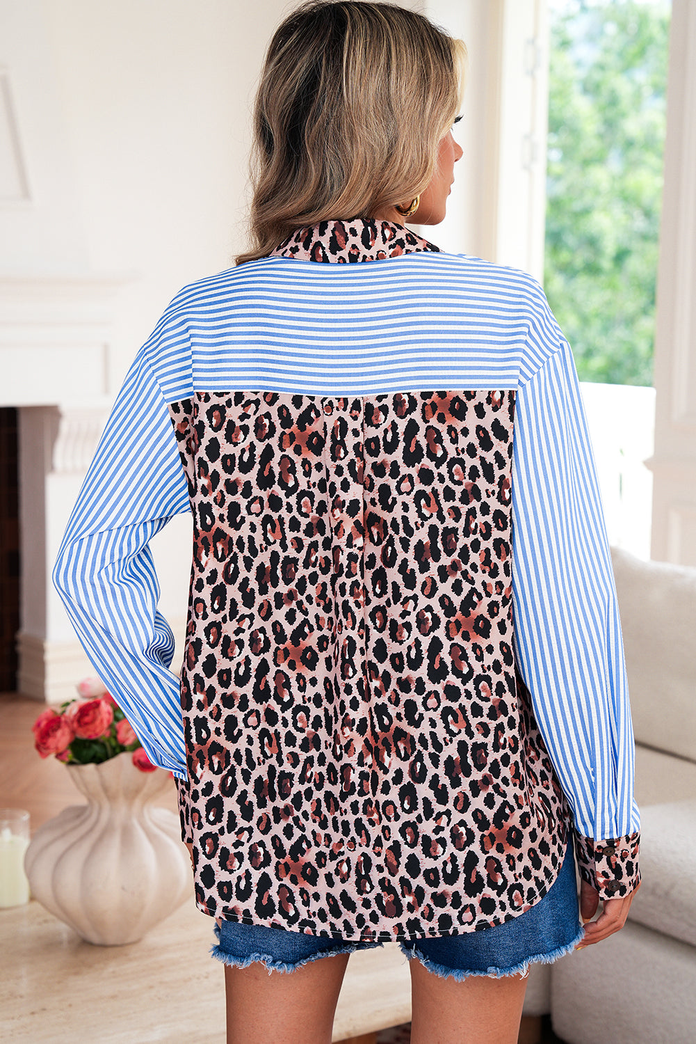 Racing Red Leopard and Striped Patchwork Button Shirt T Shirts e4d2e6d424a9fe29