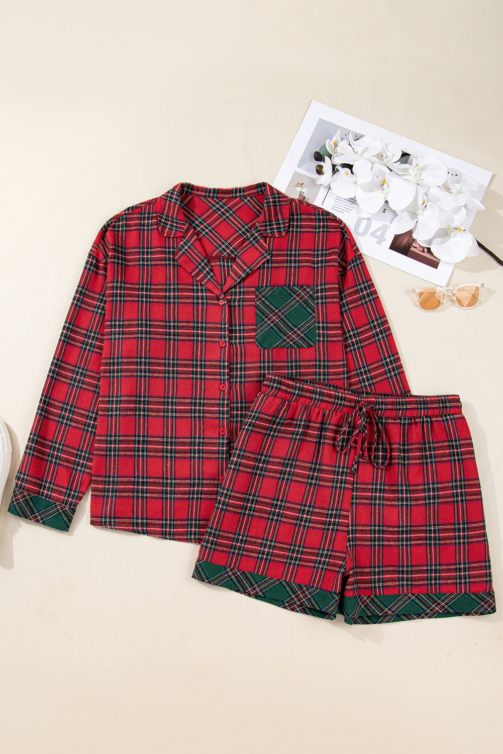 Red Plus Size Plaid Patchwork Long Sleeve Shirt and Shorts Pajama Set Plus Size Matching Sets e4dddda3e06ff54b