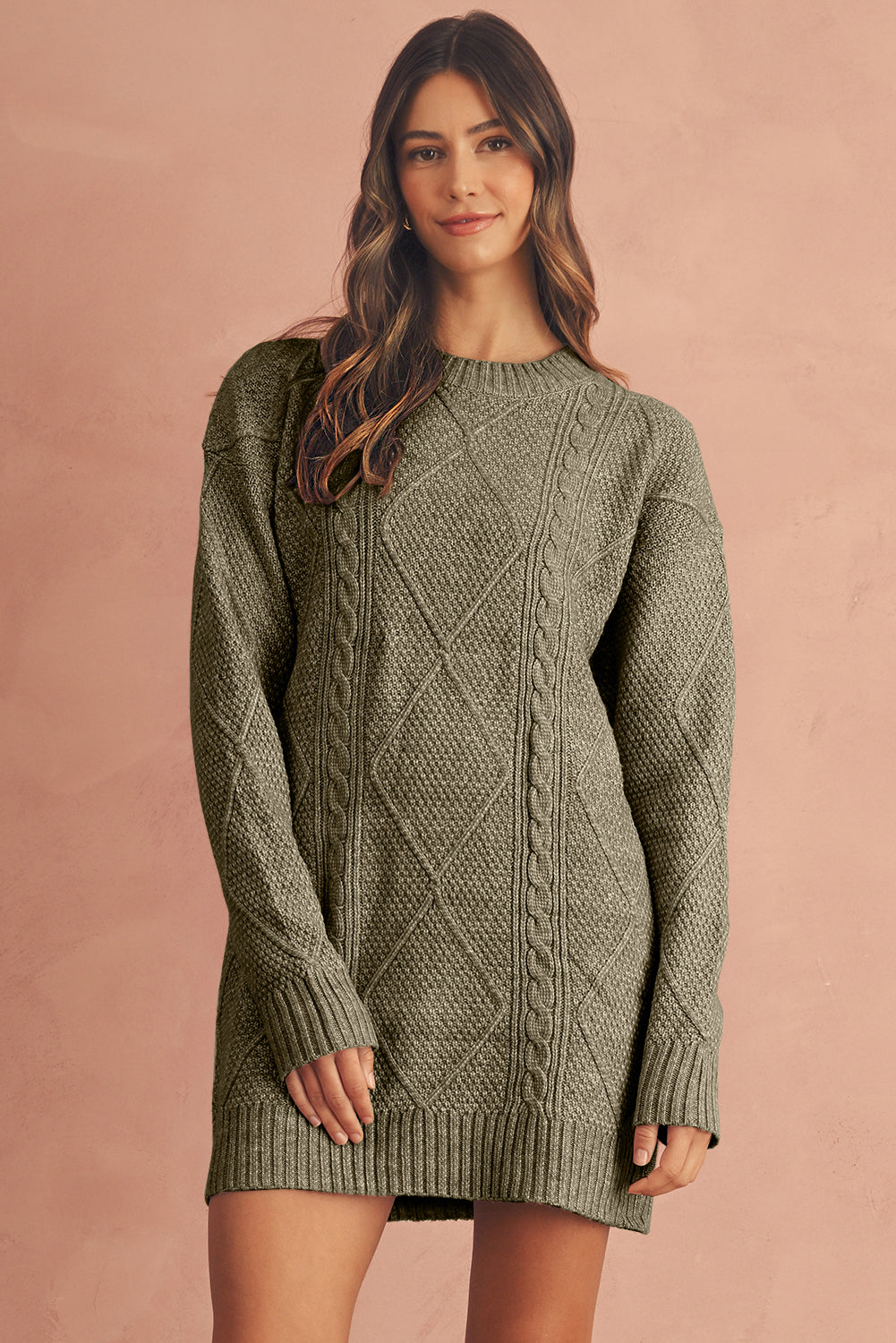 Mist Green Twist Cable Knit Drop Shoulder Loose Fit Sweater Dress Sweater Dresses e50f533f01d7fd56
