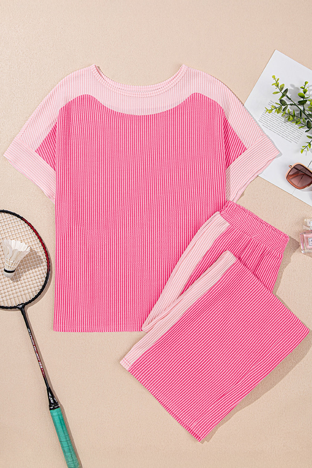 Sachet Pink Colorblock Patchwork Corded Pants Set Two Piece Pants Sets e5380ada27daf372