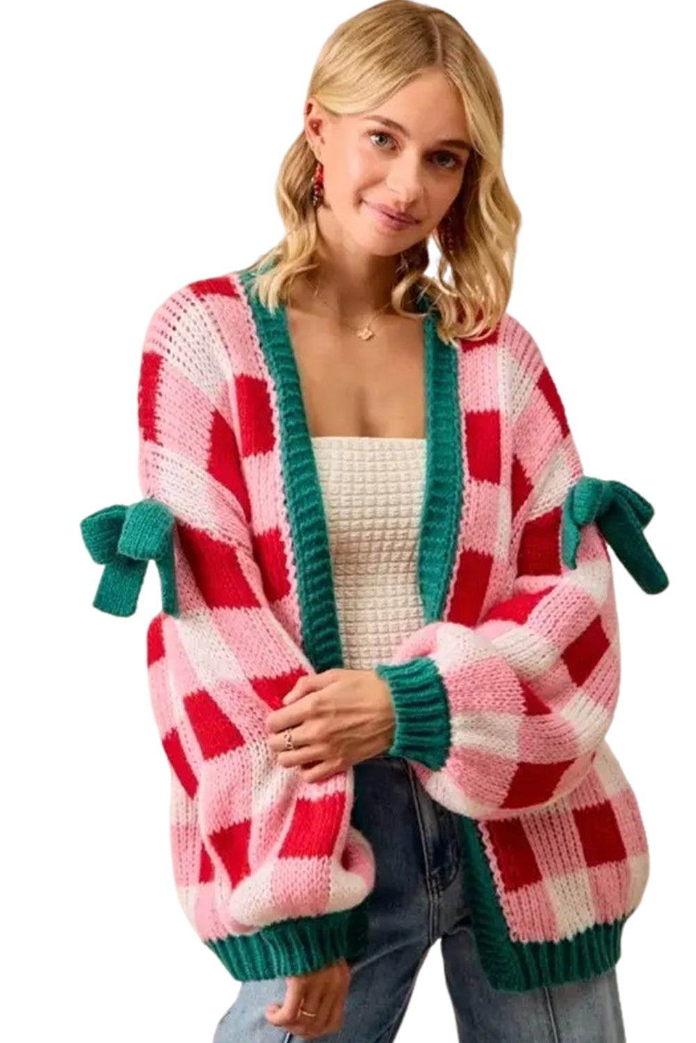 Pink Colorblock Checkered Open Front Knit Cardigan Cardigans e55fbde356c51642
